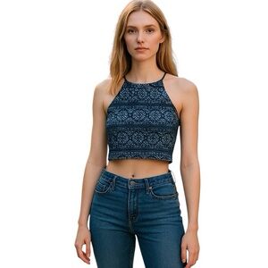 GYPSY 05 DESHA PRINTED SPORTIE HALTER BIKINI X-STRAP TOP COLOR SKY/ECRU SIZE S